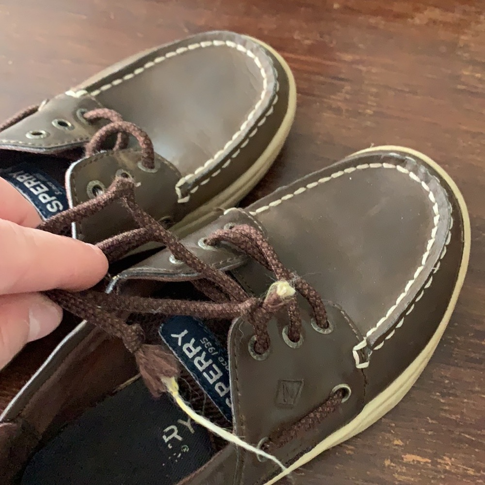 Boys’ dark brown leather Sperry. Gently used, but shoe laces are a little worn. - Picture 2 of 5